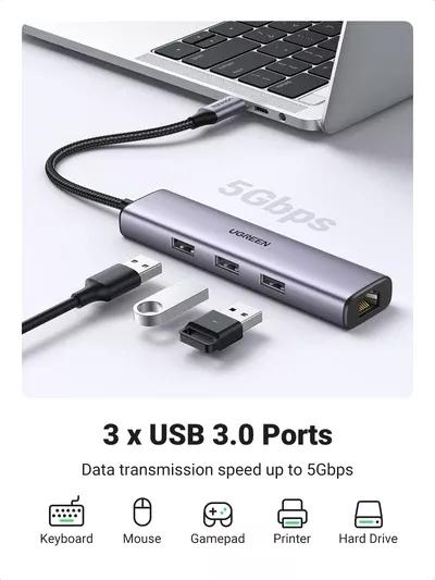 UGREEN USB-C to 3×USB3.0 Hub+RJ45 (1000M) Ethernet Adapter Price Nepal